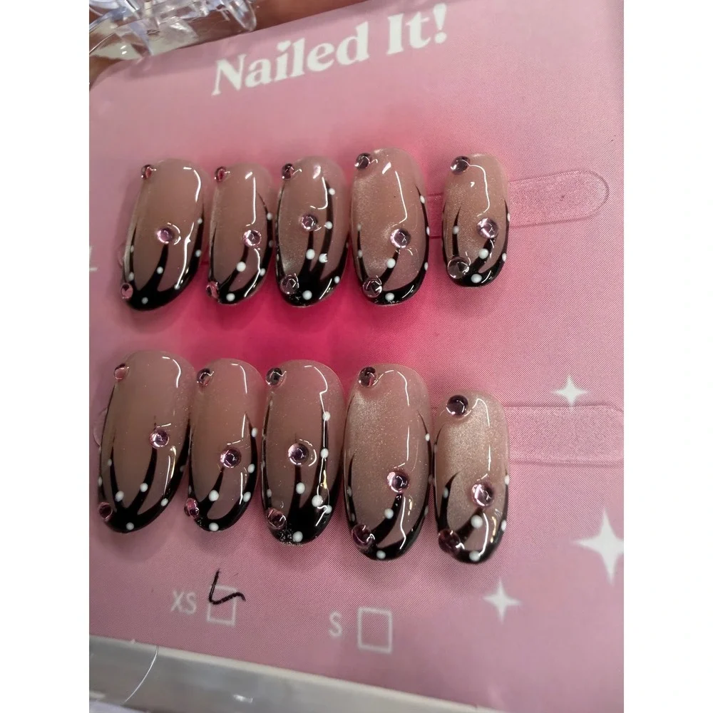Nailed It! Press On Nails Size S Cat Eye Black French Tip Pink Rhinestone Almond